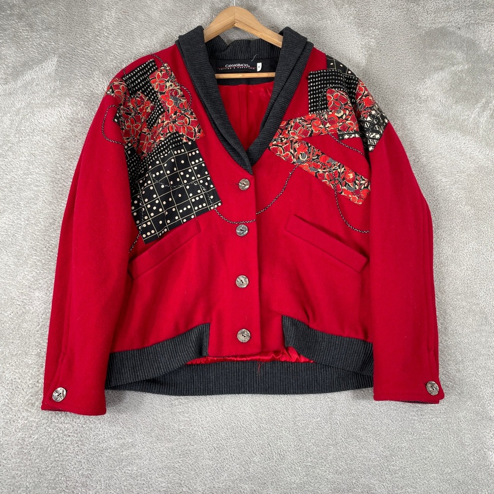 Canvasbacks Jacket Womens Medium Red Wool Patchwork Floral Shawl Collar Artisan